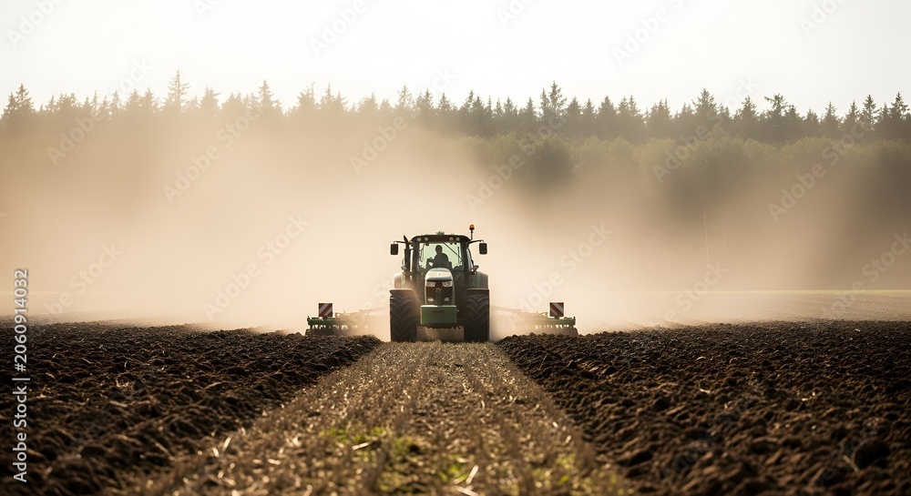 Fototapeta premium Tractor plowing a field on a dusty day with a plow attachment