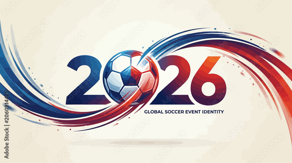 Fototapeta premium Bold 2026 soccer branding with integrated ball, dynamic red and blue streaks, symbolizing unity, energy, and international sports excitement.