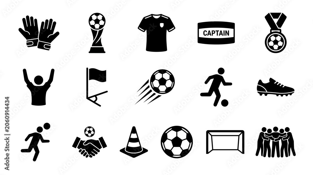 Obraz premium Soccer icons representing equipment, achievements, teamwork, and celebration, emphasizing symbolic silhouettes, passion, and dynamic elements of the sport.
