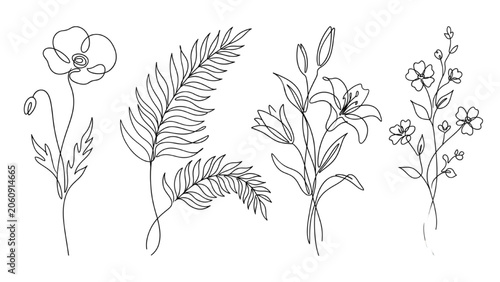 Botanical Flower Continuous Line Drawing Set Minimalist Floral Vector Illustration Collection