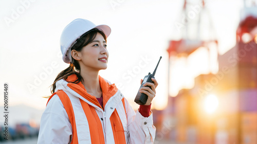 Woman Construction Worker Using Walkie Talkie