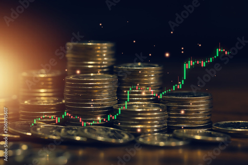 Investment growth concept featuring stacked coins and rising candlestick chart. Financial market analysis, wealth building, profit generation.