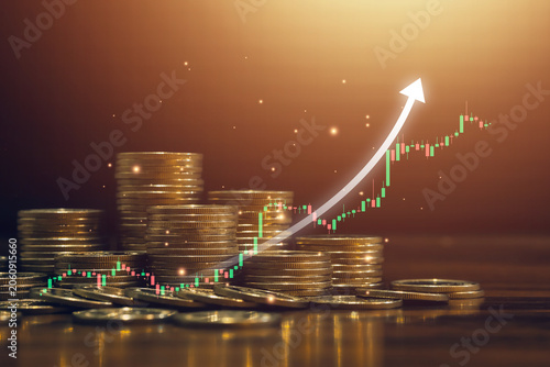 Stacked coins with upward arrow and bullish market chart representing financial growth, investment success, increasing revenue and wealth accumulation. Ideal business finance.