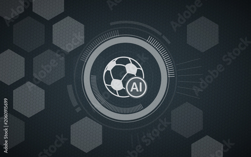 Photography Futuristic digital illustration depicting an AI technology concept integrated with a soccer ball, featuring a modern HUD interface design on a dark, sleek hexagonal background pattern