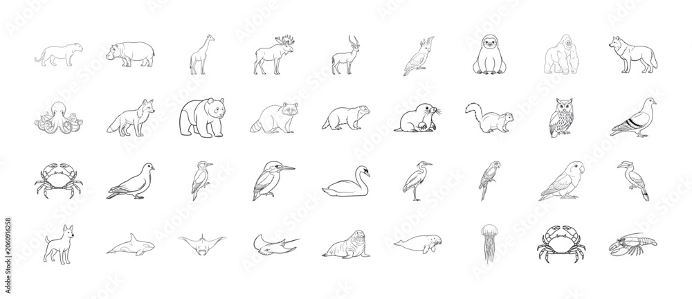 Naklejka premium Wildlife and Marine Animal Icon Set