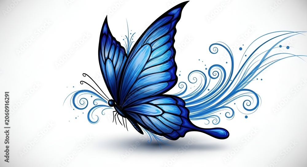 Fototapeta premium Elegant blue butterfly illustration with flourishes digital art for graphic design and nature concepts