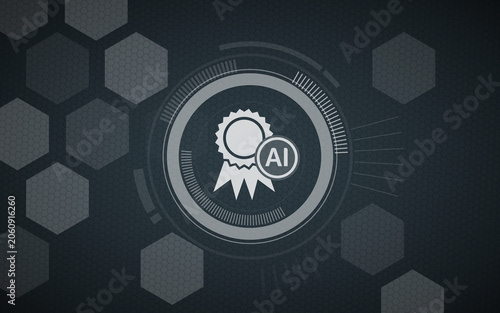Digital illustration featuring an AI badge symbol centered within a technological interface. This high-tech concept highlights artificial intelligence certification, advanced data, and innovation.