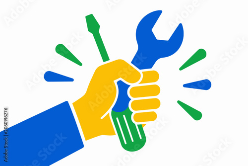 Multicolor Fist Gripping Wrench Screwdriver Motion Lines Flat Vector Tools Power Concept