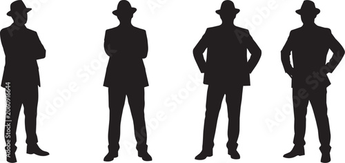 Obraz na płótnie Silhouettes of Four Confident Men Standing in Different Poses Isolated on White Background

Black silhouettes of four confident men standing in stylish poses wearing hats and suits