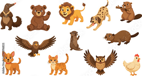 Photography Cute Cartoon Wild And Domestic Animals Collection Vector Illustration Isolated O