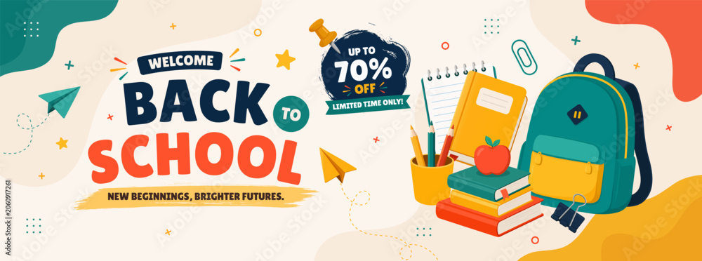 Naklejka premium Welcome Back to School Horizontal Banner with Backpack Books Notebook and School Supplies