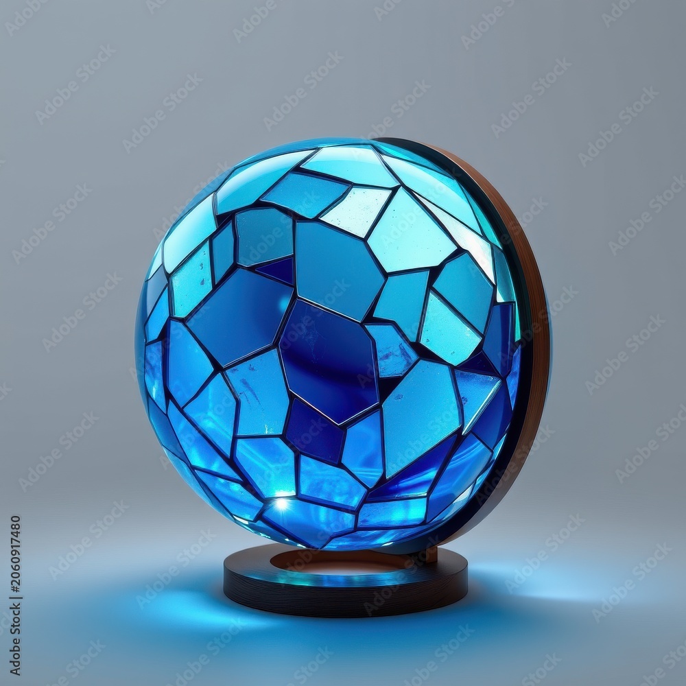 Naklejka premium Blue sphere composed mosaic pieces. Light reflects, creates glow around base. Modern design, studio lighting, clean background.