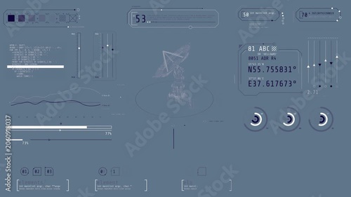 Screen with animated infographic elements and satellite dish antenna