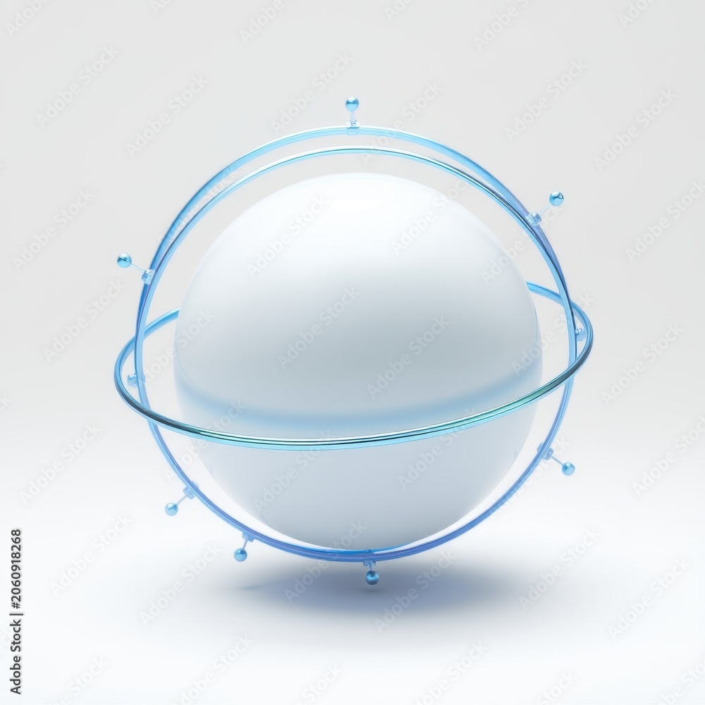 Fototapeta premium White sphere surrounded by translucent blue rings. Minimalist design, clean studio lighting, simple geometric form. Focus on shape, texture, light.