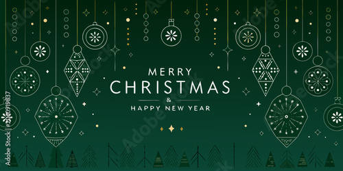 Quadro su tela Festive christmas ornaments and pine tree pattern on a dark green background hol