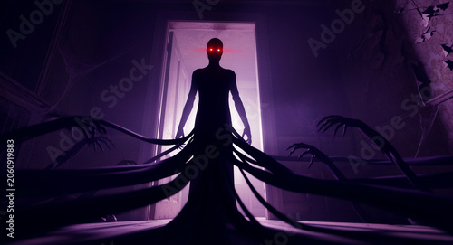 Shadowy figure with glowing red eyes standing in a dark doorway with reaching hands. Spooky supernatural entity emerging from shadows in a haunted house. Horror nightmare concept for fear themes.