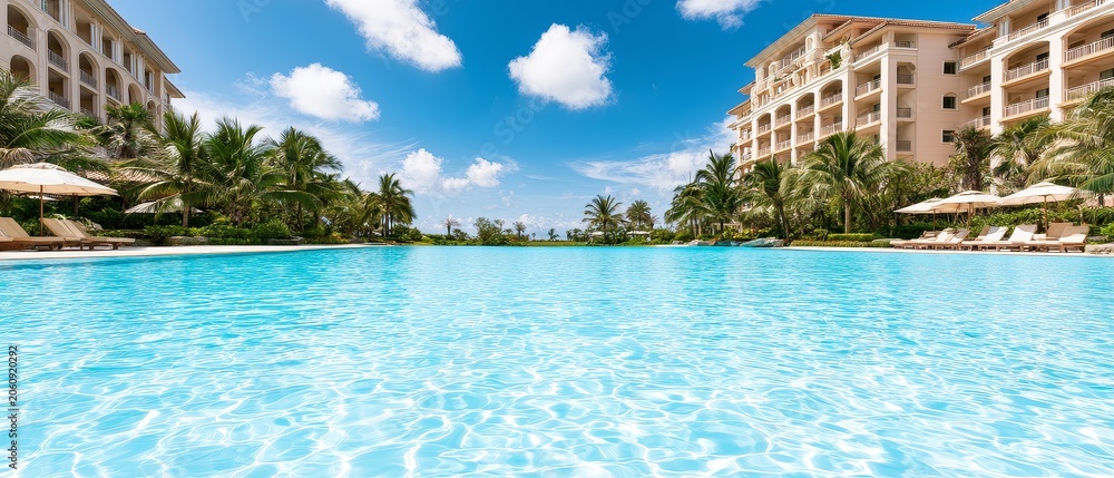 Fototapeta premium Luxury resort booking at a beachfront paradise tropical vacation travel banner with stunning pool view