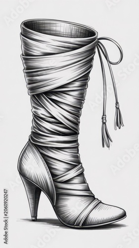 Pencil of a tall women boot with intricate ribbon wrapping details shoe
