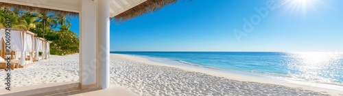 Luxury resort booking at a tropical beachfront paradise travel banner for dream vacation reservations