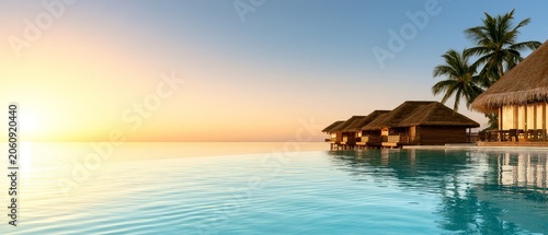 Tropical vacation resort booking at a luxury beachfront resort stunning sunset travel banner for resort reservation
