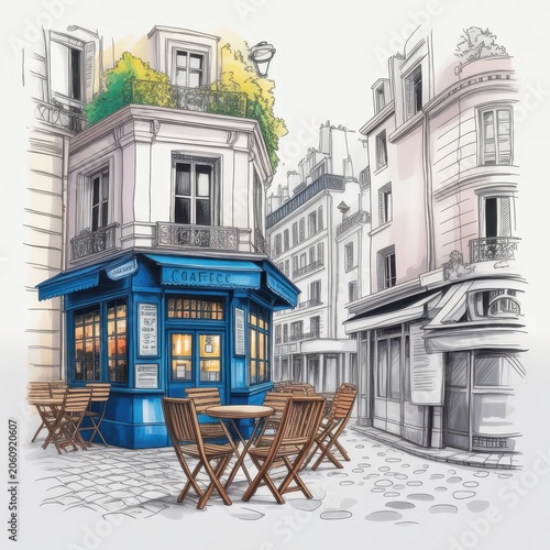 Picturesque paris street cafe with blue facade and outdoor dining area
