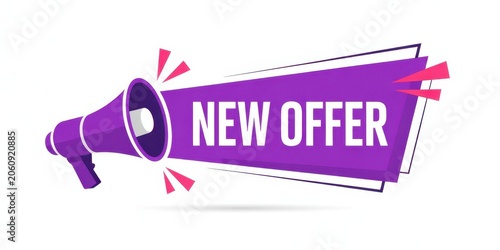 Purple megaphone with new offer text banner isolated on white background