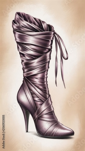 Purple heeled boot with ribbon lacing on a soft neutral background footwear