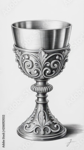 Realistic pencil of a silver chalice with ornate leafy decorations goblet