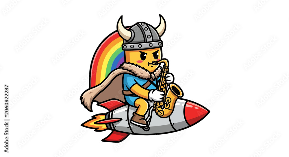Naklejka premium Cute Lego Viking Playing Saxophone on Rocket Adventure.