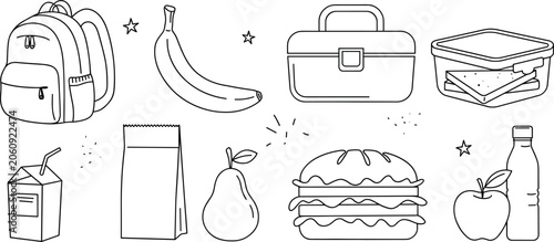 School Lunch Box Items And Healthy Snacks Line Art Vector Illustration Set