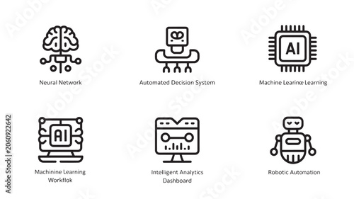 Artificial Intelligence Icons for Neural Networks, Intelligent Analytics and Automation