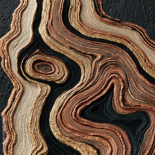 Full frame abstract decorative pattern on black backdrop, fluid organic curvilinear metallic lines ranging from pale gold to deep copper, textured uneven bands mimicking tree growth