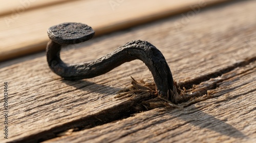A rusted, bent nail lodged in weathered wood, showing texture