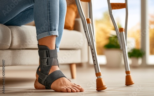 Woman Using Crutches with Ankle Support at Home