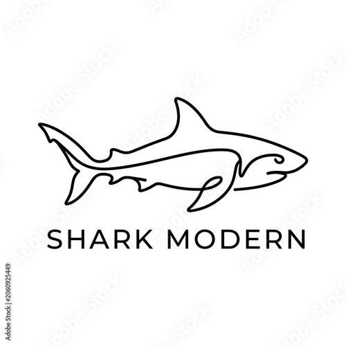 Modern single line shark drawing logo with minimalist continuous abstract swimming predator creative branding identity illustration minimalism underwater