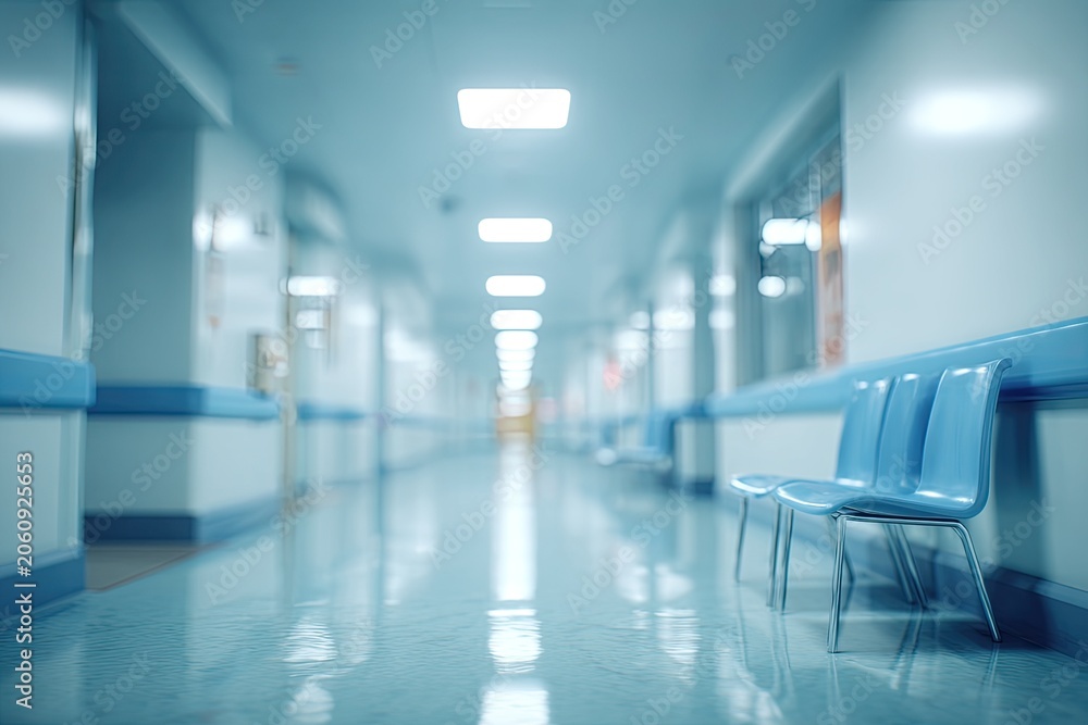 Fototapeta premium A bright, empty hospital corridor with blue chairs and reflective floor