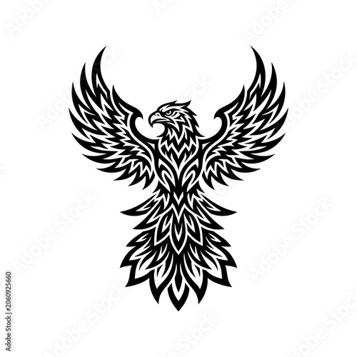 Eagle bird icon tribal style vector illustration with wildlife feathers aggressive strength majestic predator ornamental intricate silhouette minimalist