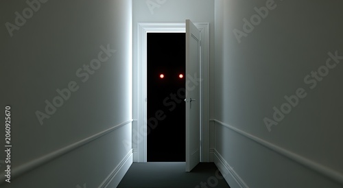 Open doorway in dark hallway reveals two glowing red eyes