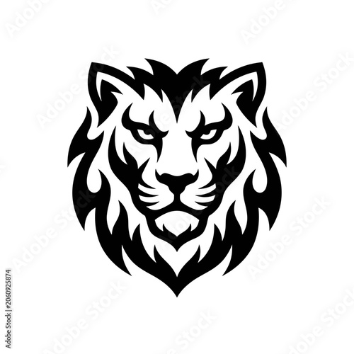 Lion head mascot logo design in tribal style with predator strength ornamental aggressive majestic stylized insignia detailed masculine