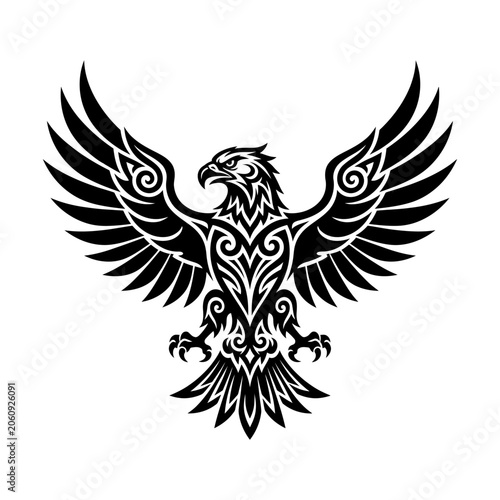 Black and white tribal style eagle illustration with spread wings illustration monochrome ornamental stylized predator wildlife abstract symmetrical strength
