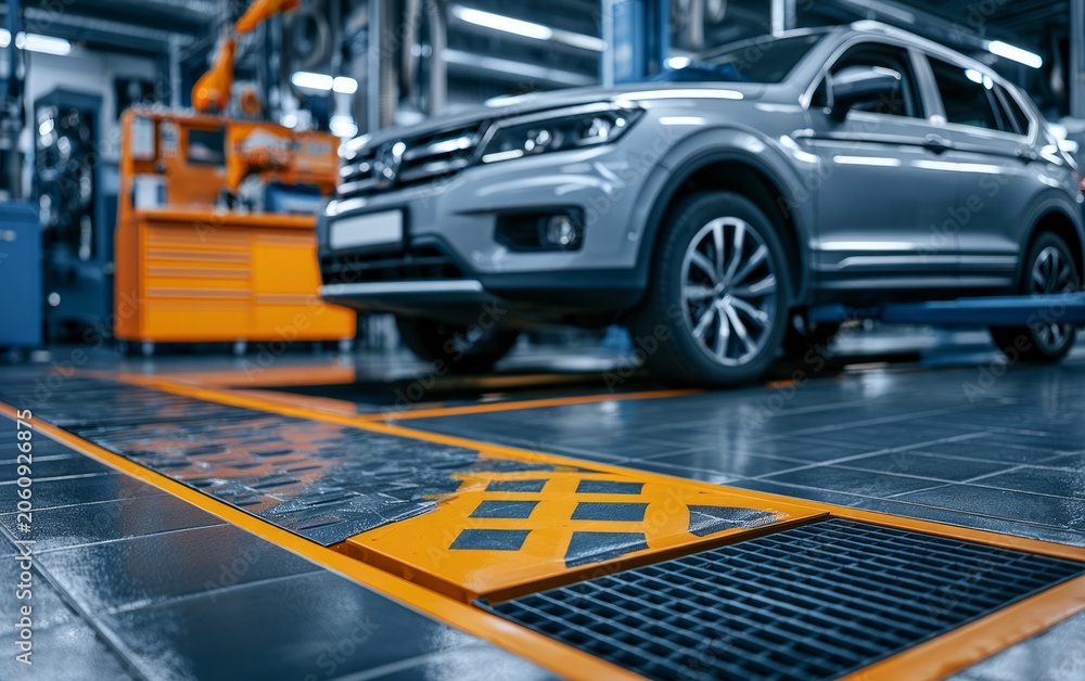 Fototapeta premium Modern SUV Vehicle Inside an Automotive Manufacturing or Inspection Facility