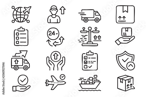 Global Logistics Icons with Air Freight, Cargo Shipping, Delivery Truck and Package Tracking
