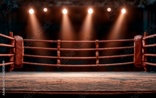 Empty Boxing Ring with Spotlights and Wooden Floor in Arena
