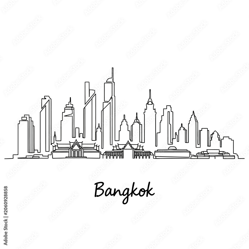 Fototapeta premium Bangkok City Skyline, Modern Line Art, Thailand Landmarks
