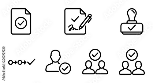 Fotografie Approval Icons Set, Document Signature, Stamp, Checklist, User Verification, Tea