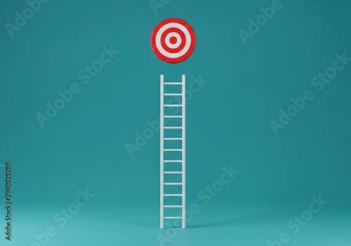 A white ladder leading up to a red target on a teal background