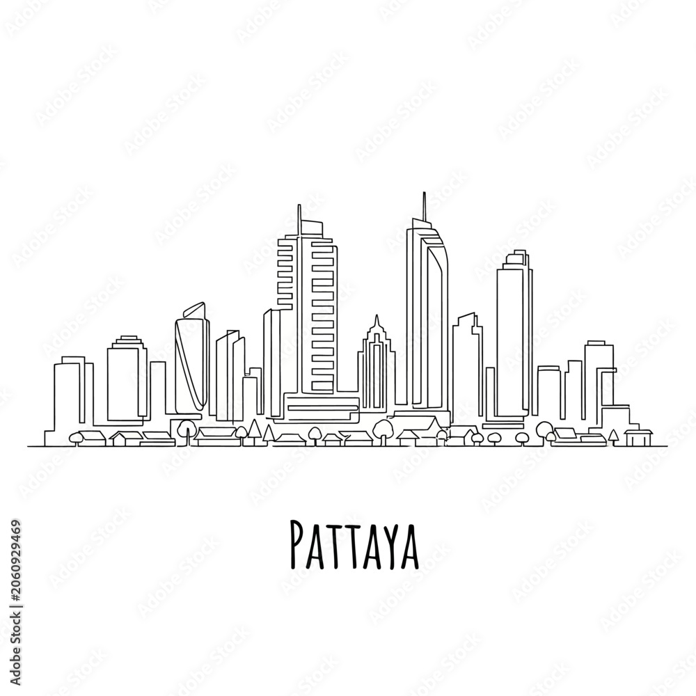 Fototapeta premium Pattaya Cityscape Line Art Illustration, Thailand