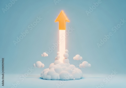 3d render of an orange arrow launching upwards from clouds