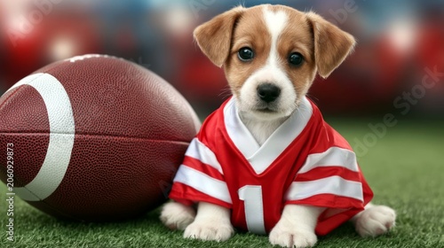 Tiny Puppy Wearing Oversized Sports Jersey Beside Giant Football on Green Field