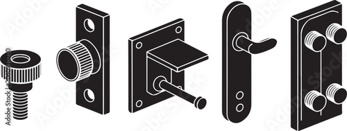 Industrial hardware components collection featuring bolts door handles hinges and mounting plates for construction and renovation.